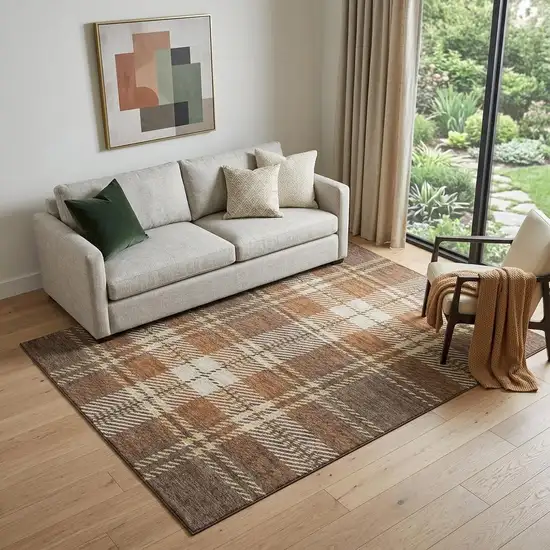 Chocolate Beige And Gold Plaid Washable Area Rug With UV Protection Photo 1