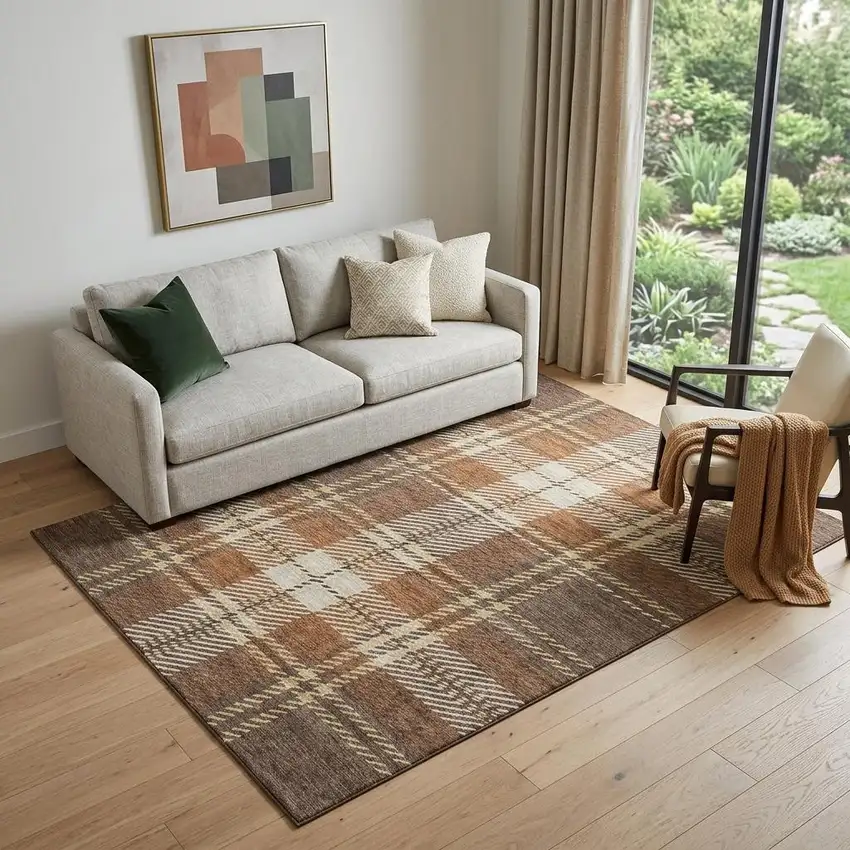 Chocolate Beige And Gold Plaid Washable Area Rug With UV Protection Photo 1