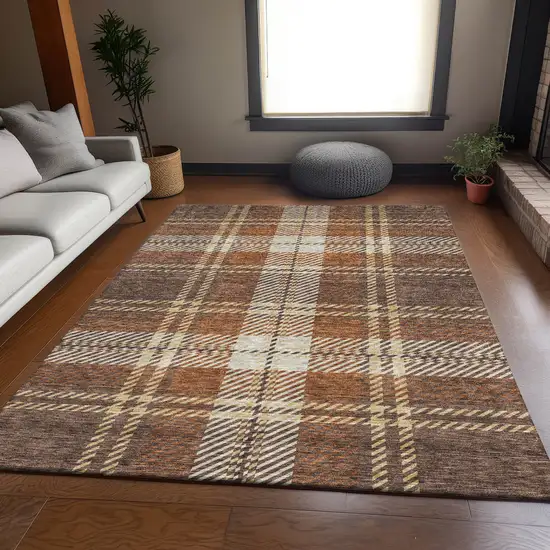 Chocolate Beige And Gold Plaid Washable Area Rug With UV Protection Photo 4