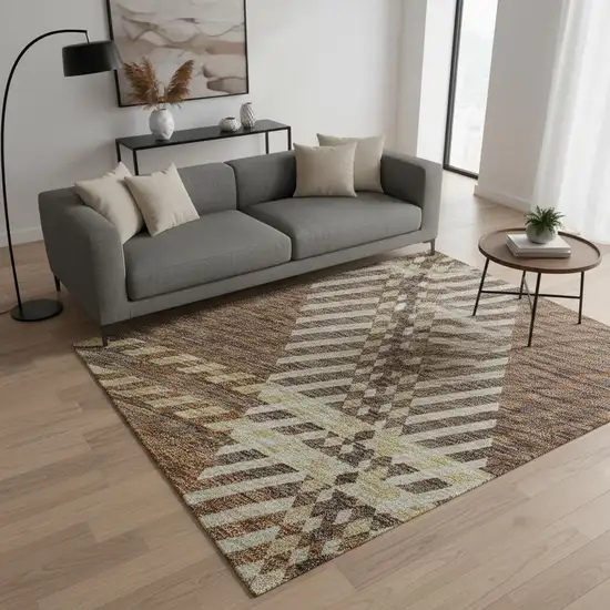 Chocolate Beige And Gold Plaid Washable Area Rug With UV Protection Photo 2