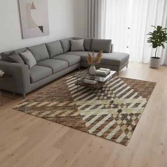 Chocolate Beige And Gold Plaid Washable Area Rug With UV Protection Photo 2