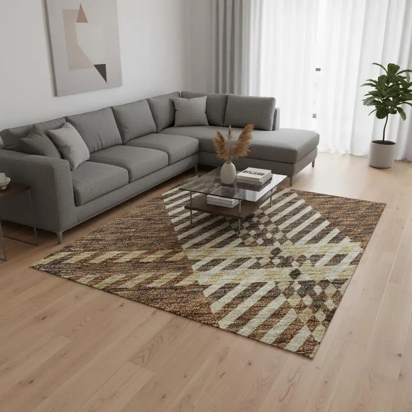 Chocolate Beige And Gold Plaid Washable Area Rug With UV Protection Photo 2