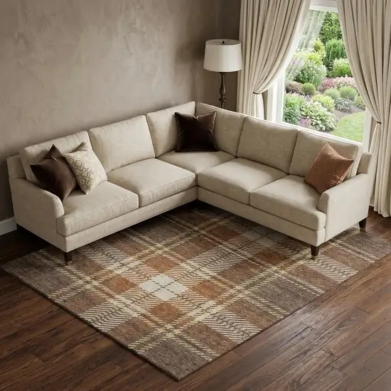 Chocolate Beige And Gold Plaid Washable Area Rug With UV Protection Photo 1