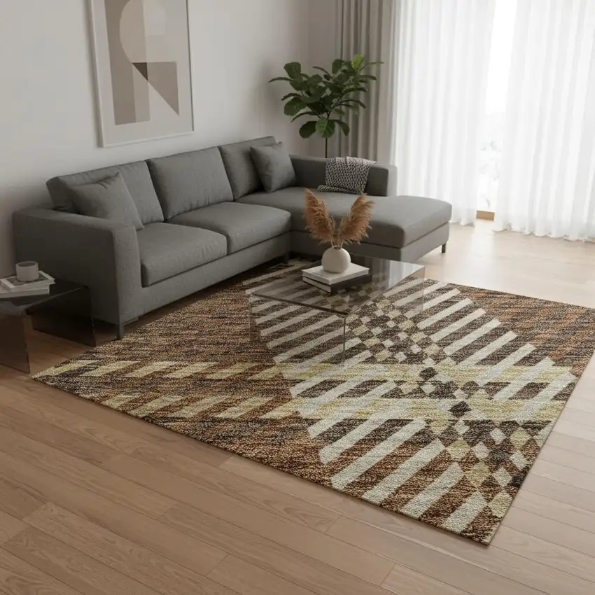 Chocolate Beige And Gold Plaid Washable Area Rug With UV Protection Photo 2