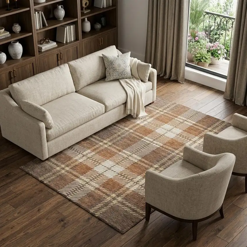 Chocolate Beige And Gold Plaid Washable Area Rug With UV Protection Photo 1