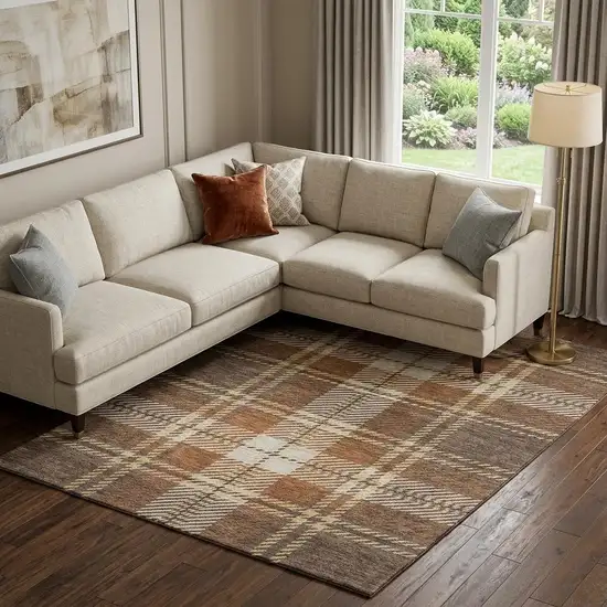 Chocolate Beige And Gold Plaid Washable Area Rug With UV Protection Photo 1