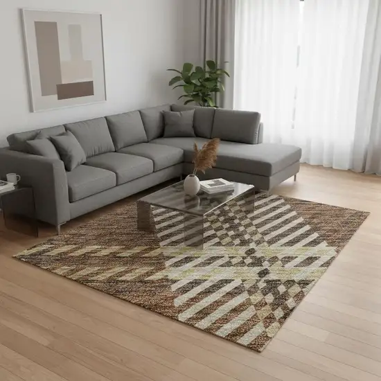 Chocolate Beige And Gold Plaid Washable Area Rug With UV Protection Photo 2