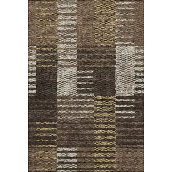 Chocolate Beige And Gold Striped Washable Area Rug With UV Protection Photo 1