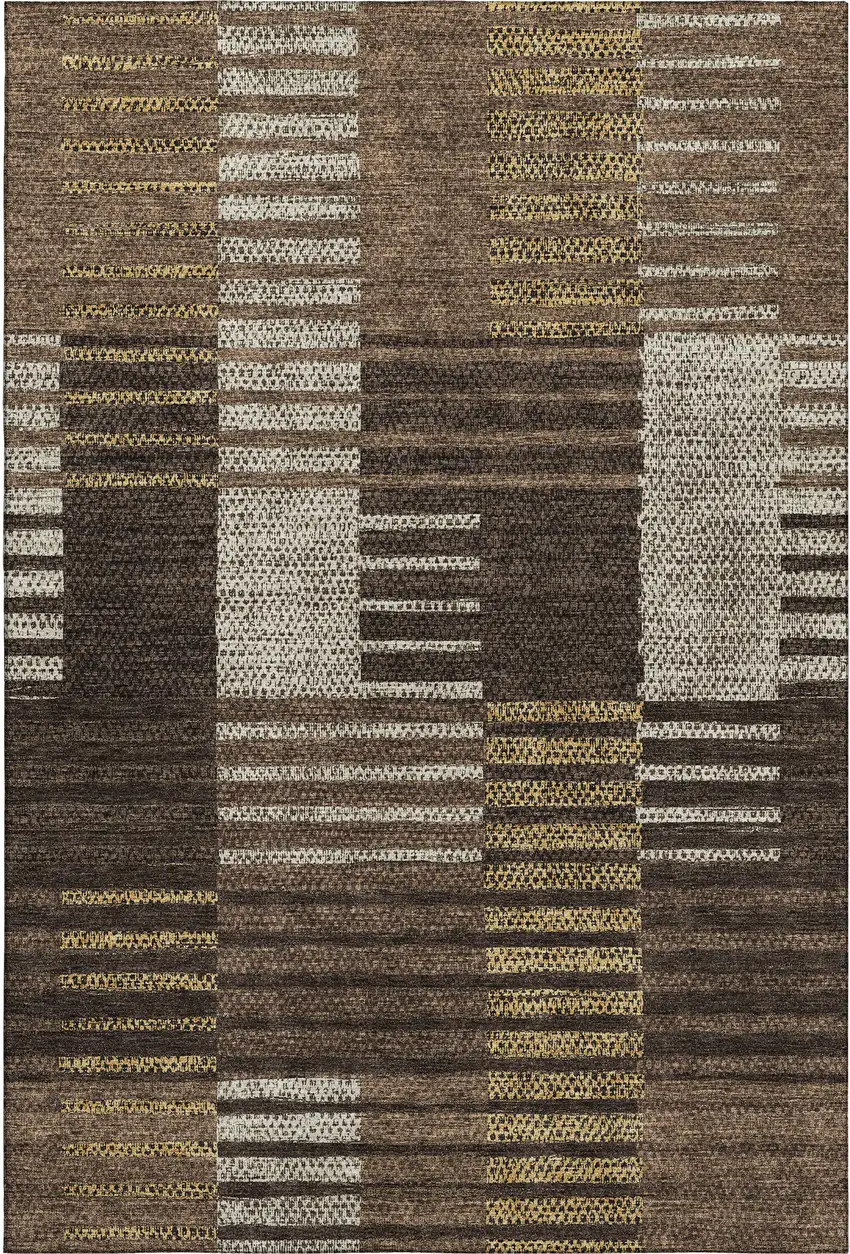 Chocolate Beige And Gold Striped Washable Area Rug With UV Protection Photo 1
