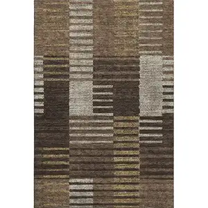 Photo of Chocolate Beige And Gold Striped Washable Area Rug With UV Protection