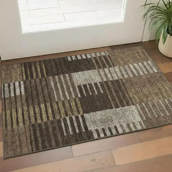 Chocolate Beige And Gold Striped Washable Area Rug With UV Protection Photo 2