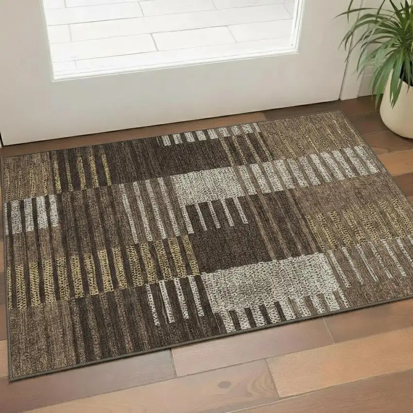 Chocolate Beige And Gold Striped Washable Area Rug With UV Protection Photo 2