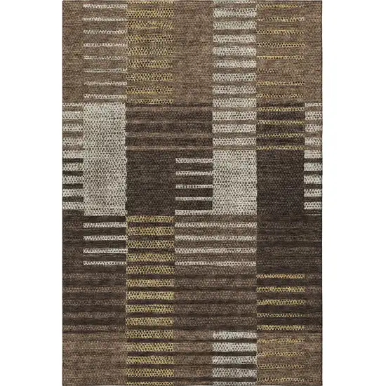 Chocolate Beige And Gold Striped Washable Area Rug With UV Protection Photo 4