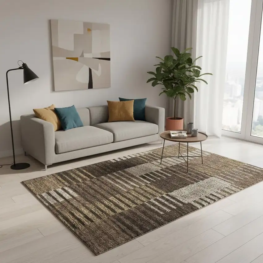 Chocolate Beige And Gold Striped Washable Area Rug With UV Protection Photo 2