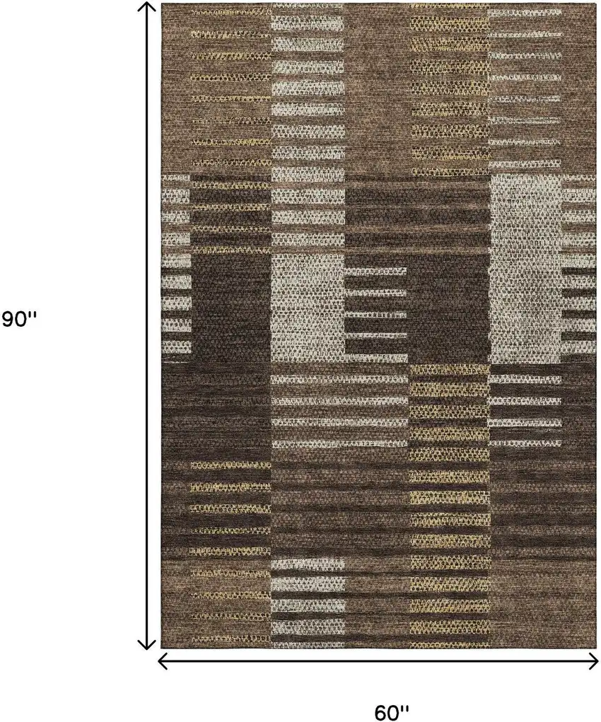 Chocolate Beige And Gold Striped Washable Area Rug With UV Protection Photo 8