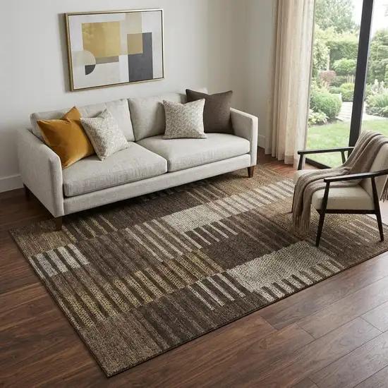 Chocolate Beige And Gold Striped Washable Area Rug With UV Protection Photo 1