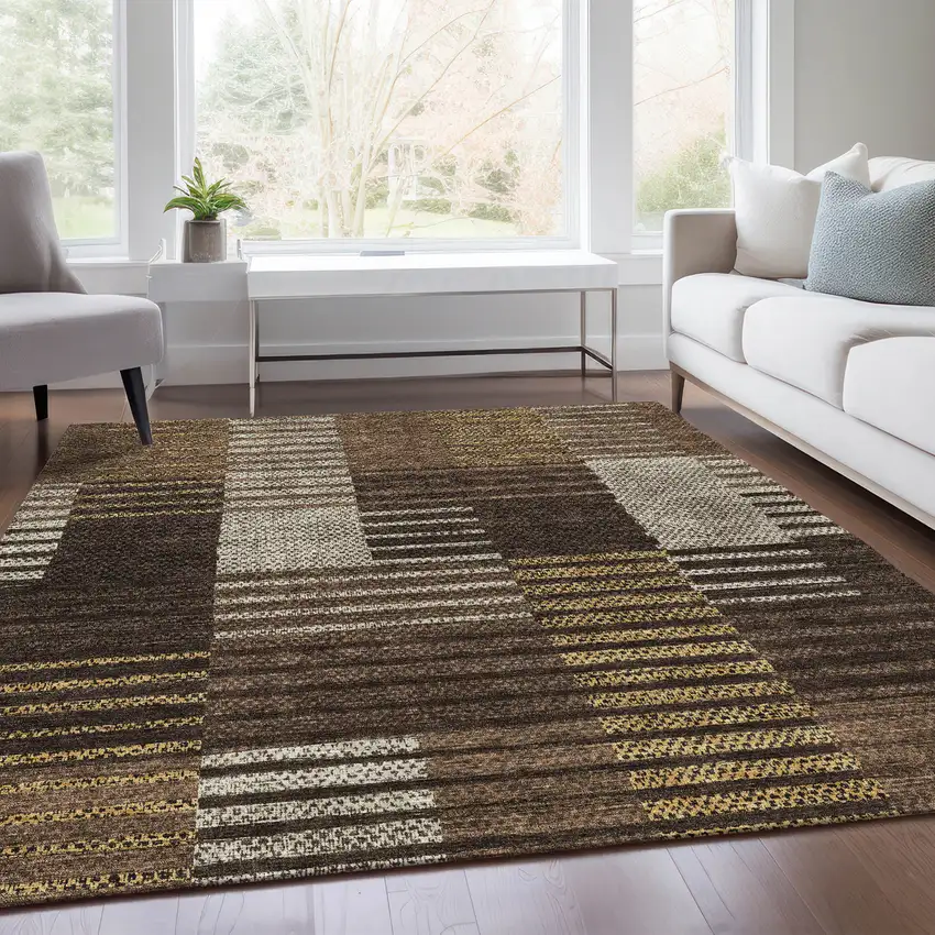 Chocolate Beige And Gold Striped Washable Area Rug With UV Protection Photo 5