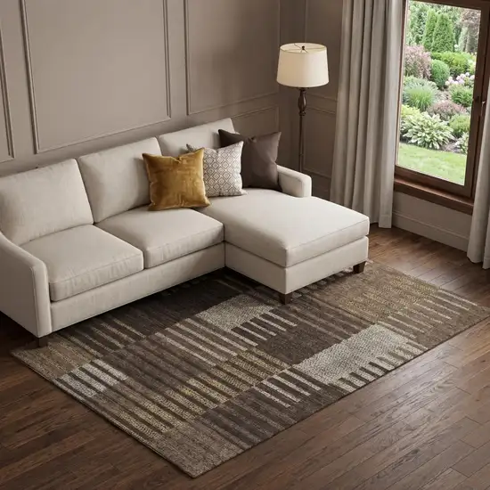Chocolate Beige And Gold Striped Washable Area Rug With UV Protection Photo 1
