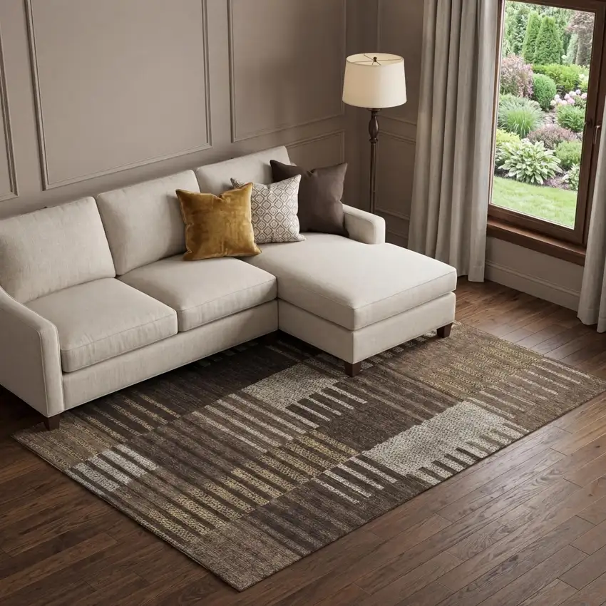 Chocolate Beige And Gold Striped Washable Area Rug With UV Protection Photo 1