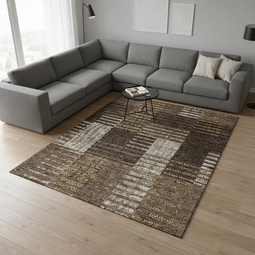 Chocolate Beige And Gold Striped Washable Area Rug With UV Protection Photo 2