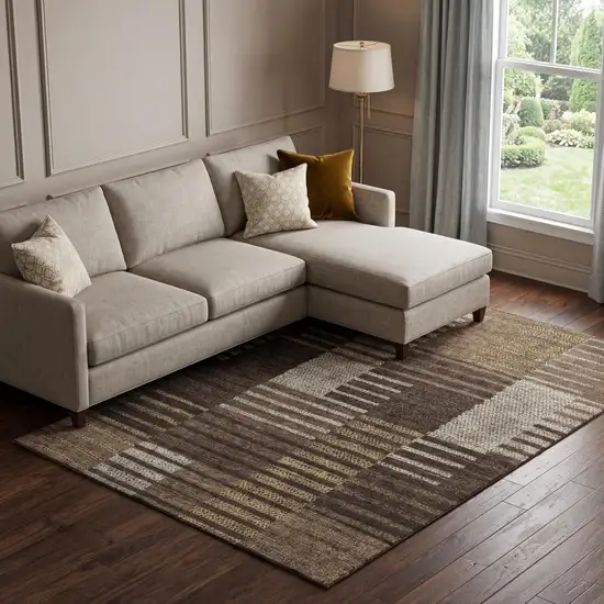 Chocolate Beige And Gold Striped Washable Area Rug With UV Protection Photo 1