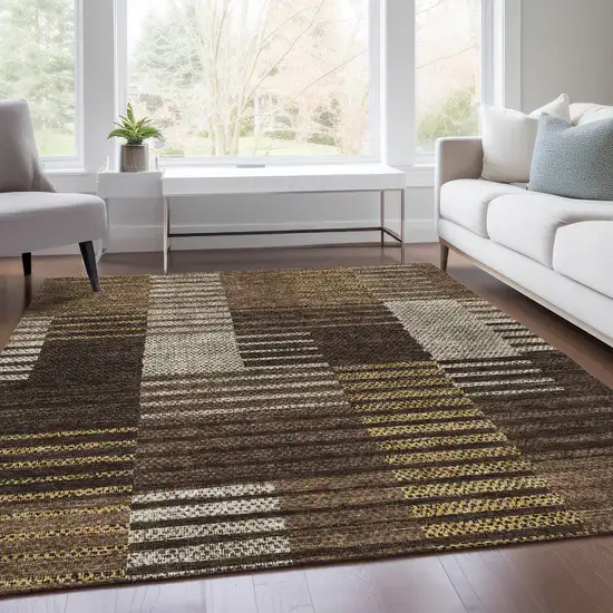 Chocolate Beige And Gold Striped Washable Area Rug With UV Protection Photo 5