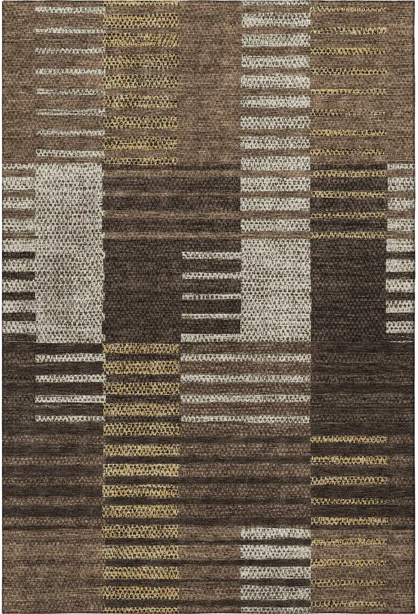 Chocolate Beige And Gold Striped Washable Area Rug With UV Protection Photo 3
