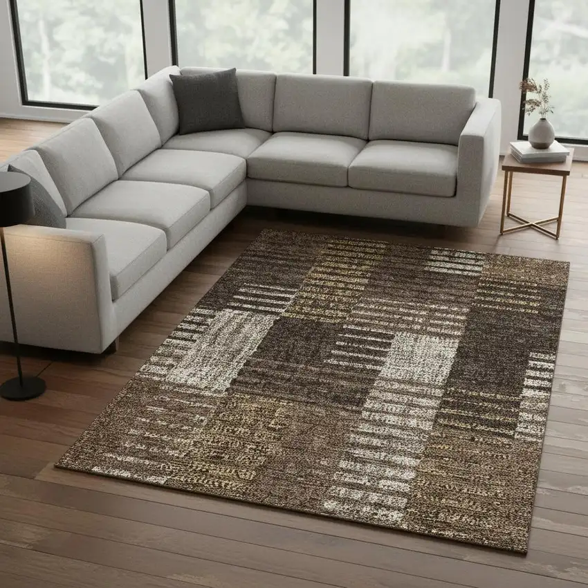 Chocolate Beige And Gold Striped Washable Area Rug With UV Protection Photo 2