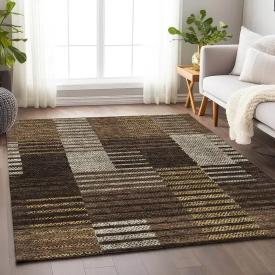 Chocolate Beige And Gold Striped Washable Area Rug With UV Protection Photo 4