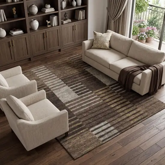 Chocolate Beige And Gold Striped Washable Area Rug With UV Protection Photo 1