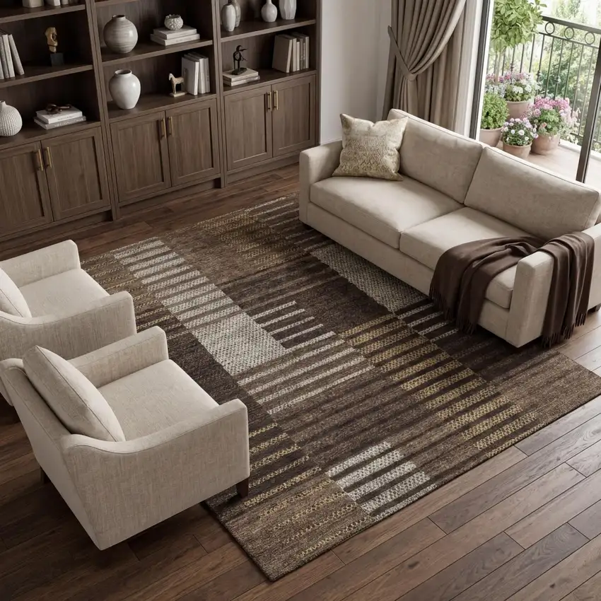 Chocolate Beige And Gold Striped Washable Area Rug With UV Protection Photo 1