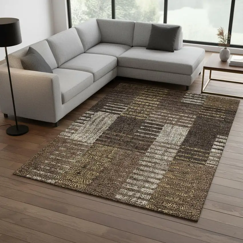 Chocolate Beige And Gold Striped Washable Area Rug With UV Protection Photo 2
