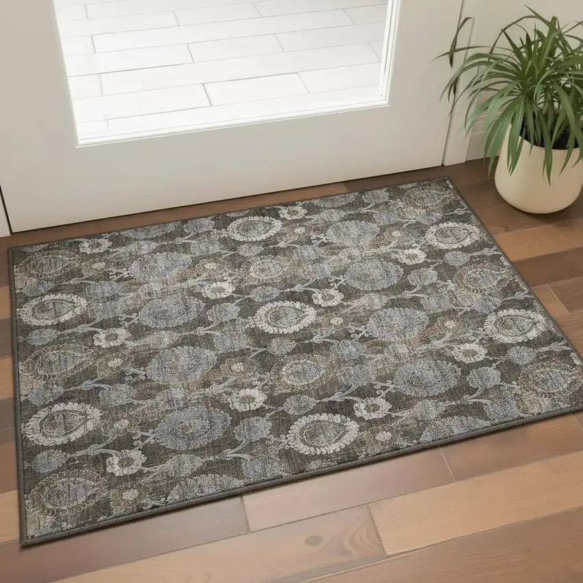 Chocolate Beige And Gray Damask Washable Area Rug With UV Protection Photo 2
