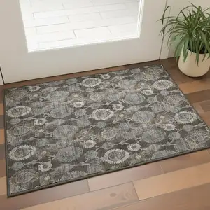 Photo of Chocolate Beige And Gray Damask Washable Area Rug With UV Protection
