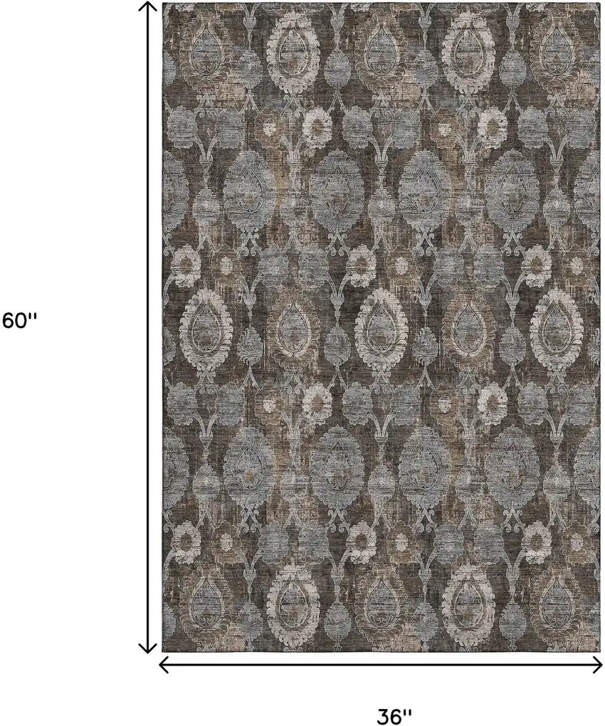 Chocolate Beige And Gray Damask Washable Area Rug With UV Protection Photo 3