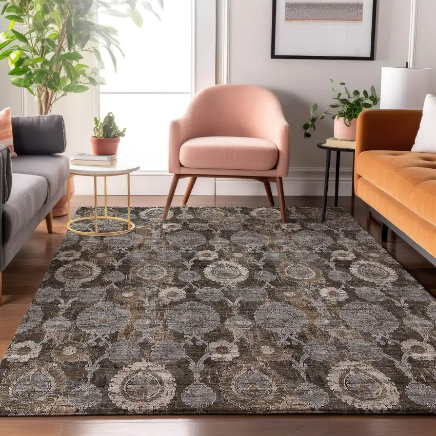 Chocolate Beige And Gray Damask Washable Area Rug With UV Protection Photo 5