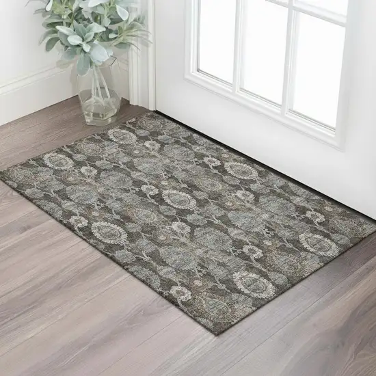 Chocolate Beige And Gray Damask Washable Area Rug With UV Protection Photo 1