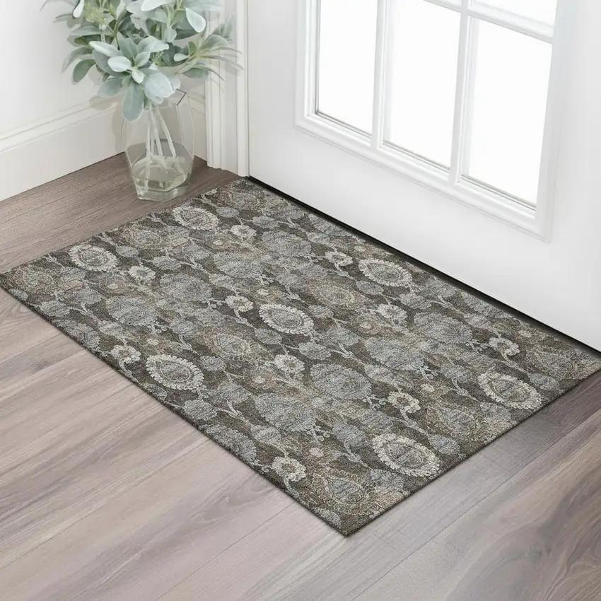 Chocolate Beige And Gray Damask Washable Area Rug With UV Protection Photo 1