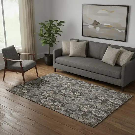 Chocolate Beige And Gray Damask Washable Area Rug With UV Protection Photo 1