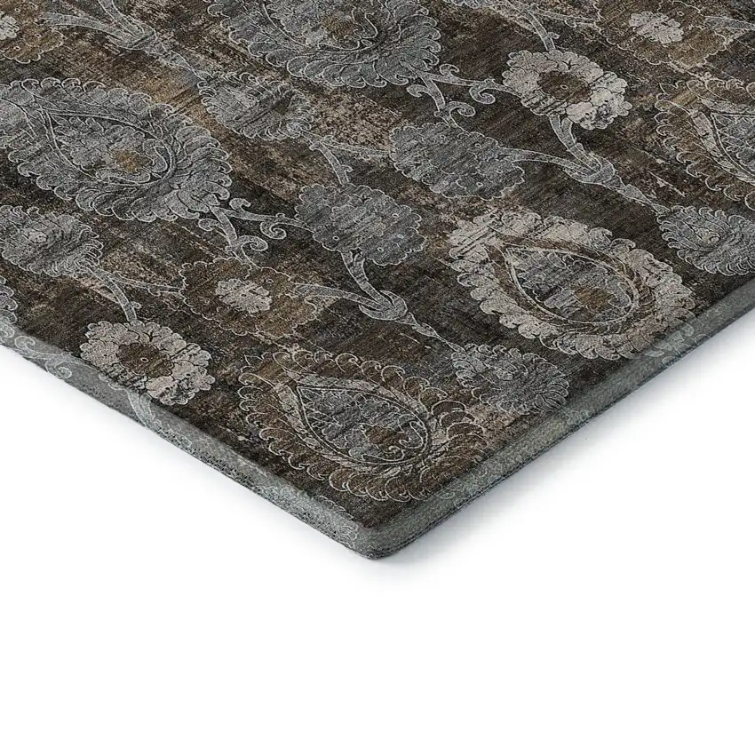 Chocolate Beige And Gray Damask Washable Area Rug With UV Protection Photo 8