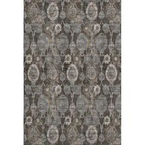 Photo of Chocolate Beige And Gray Damask Washable Area Rug With UV Protection