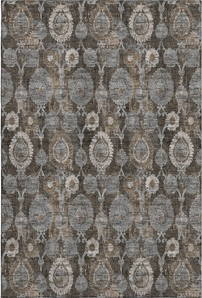 Chocolate Beige And Gray Damask Washable Area Rug With UV Protection Photo 1