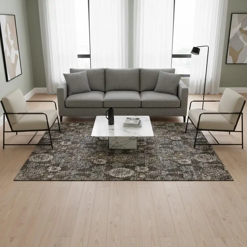 Chocolate Beige And Gray Damask Washable Area Rug With UV Protection Photo 2