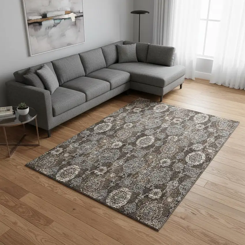 Chocolate Beige And Gray Damask Washable Area Rug With UV Protection Photo 2