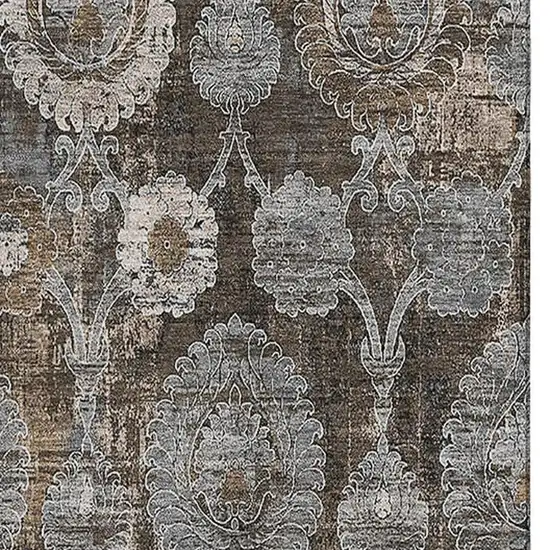 Chocolate Beige And Gray Damask Washable Area Rug With UV Protection Photo 3