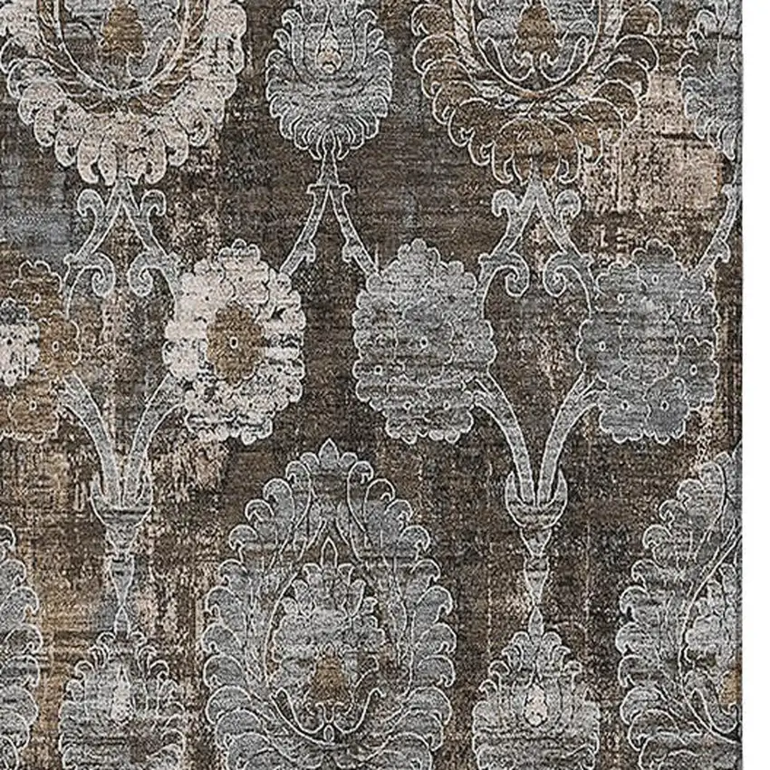 Chocolate Beige And Gray Damask Washable Area Rug With UV Protection Photo 3