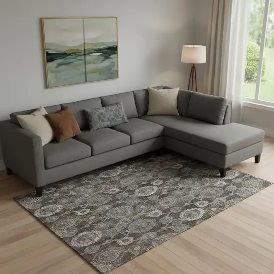 Chocolate Beige And Gray Damask Washable Area Rug With UV Protection Photo 1