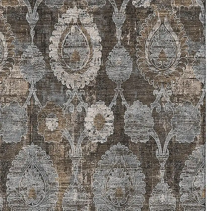 Chocolate Beige And Gray Damask Washable Area Rug With UV Protection Photo 4