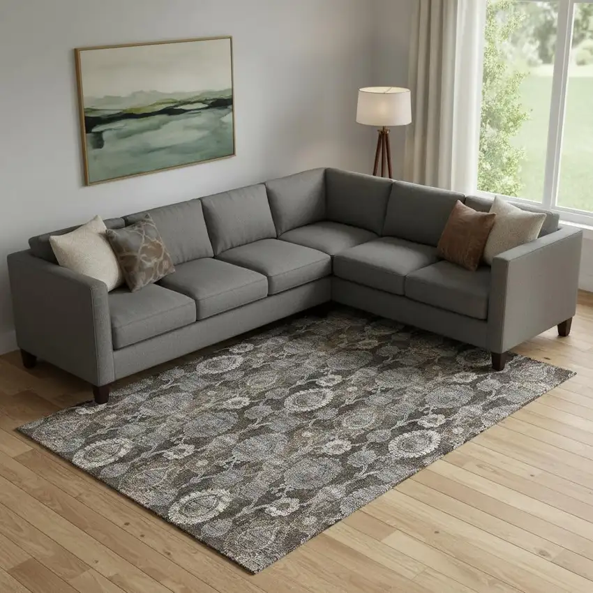 Chocolate Beige And Gray Damask Washable Area Rug With UV Protection Photo 1