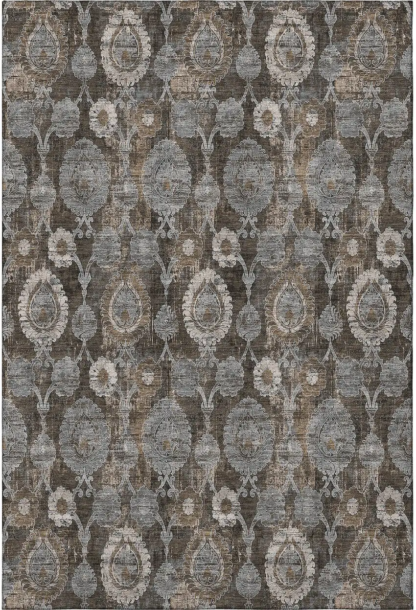 Chocolate Beige And Gray Damask Washable Area Rug With UV Protection Photo 4